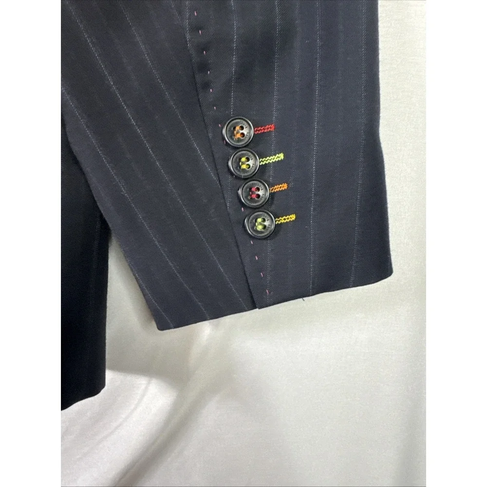 American Chang XL Pinstripe Wool Blazer Great Wall Graphic Pink Stitch Lining - Picture 7 of 7